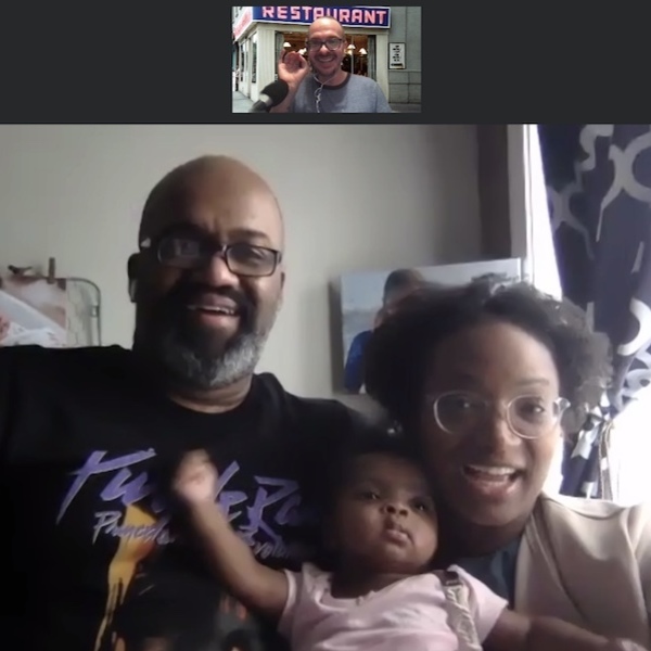 Richard Jones, Victoria St. Martin, and their daughter, Elizabeth, record over Zoom with host Ted Fox