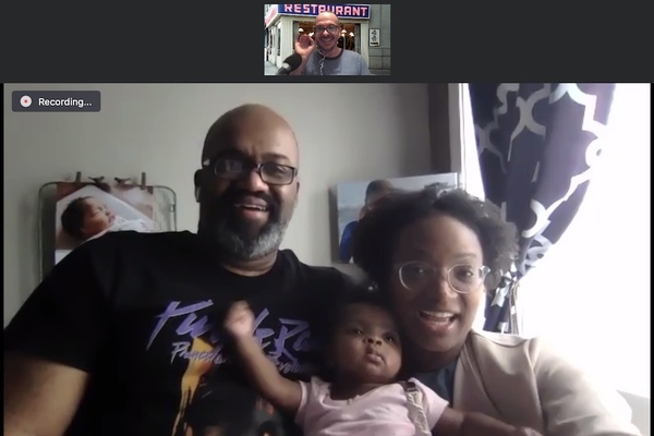 Richard Jones, Victoria St. Martin, and their daughter, Elizabeth, record over Zoom with host Ted Fox