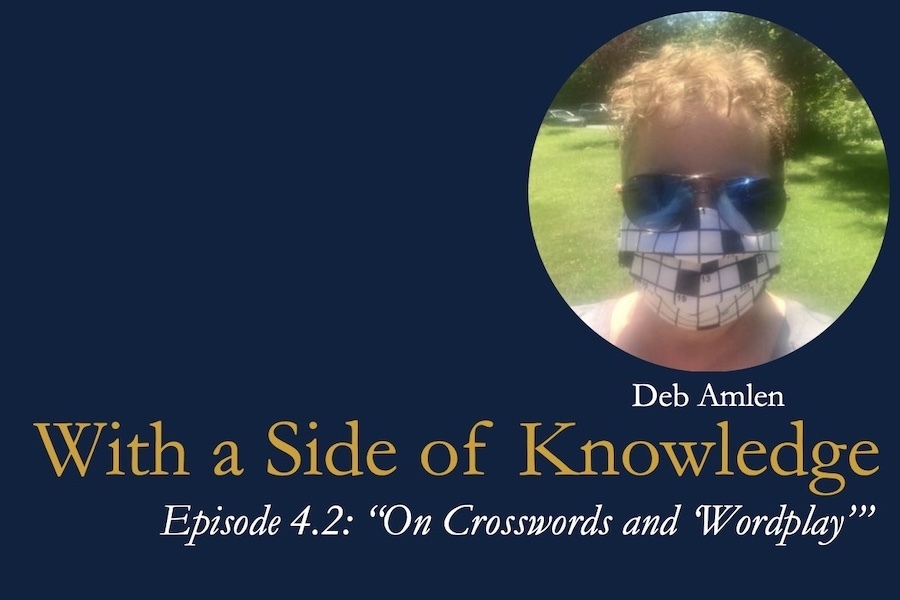 Deb Amlen in a crossword puzzle mask above the podcast name and episode title
